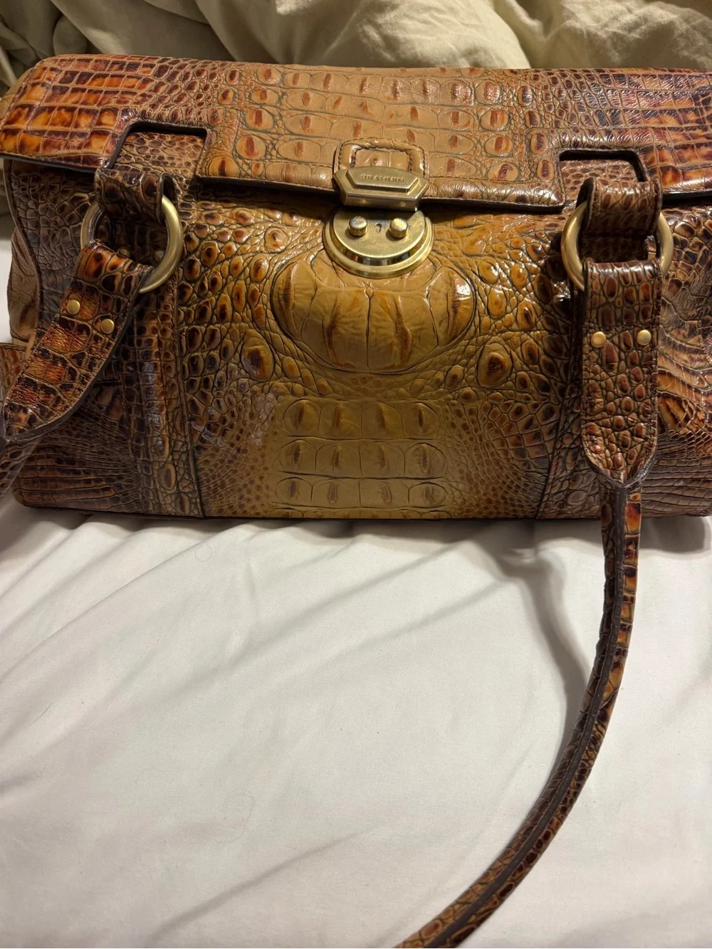 Alligator-Embossed Leather Brahmin Satchel  - Brown